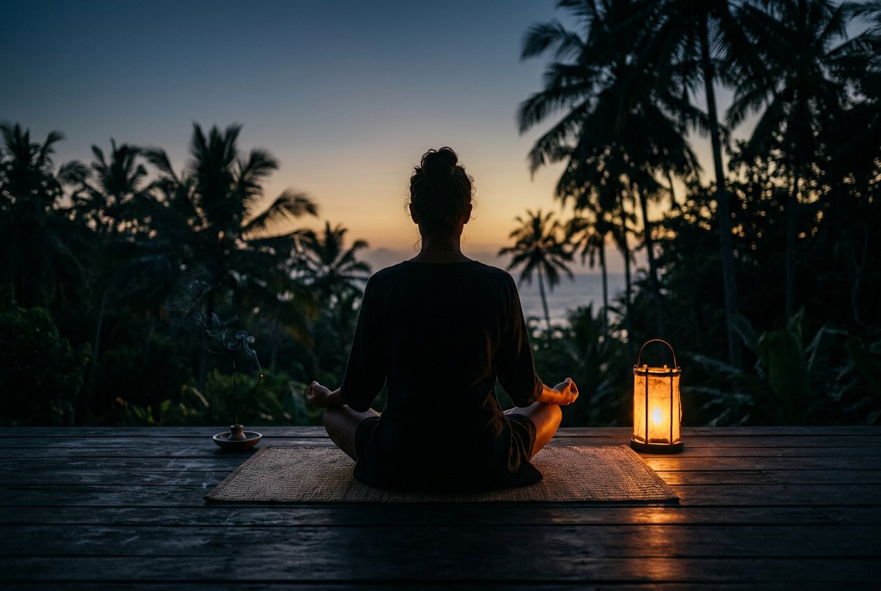 A person practising seated meditation outdoors at dusk